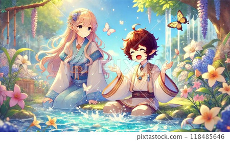 精靈男孩和女孩在大自然環繞的河邊玩耍 118485646