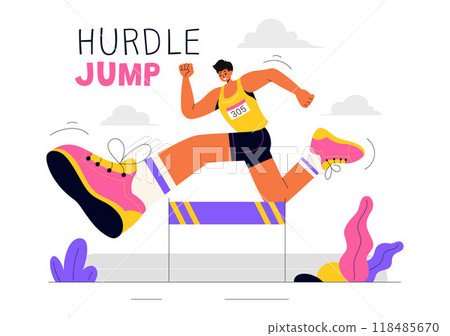 Vector Illustration of an Athlete Running Hurdles and Performing a Long Jump in a Sports Competition with an Obstacle Race in a Flat Background 118485670