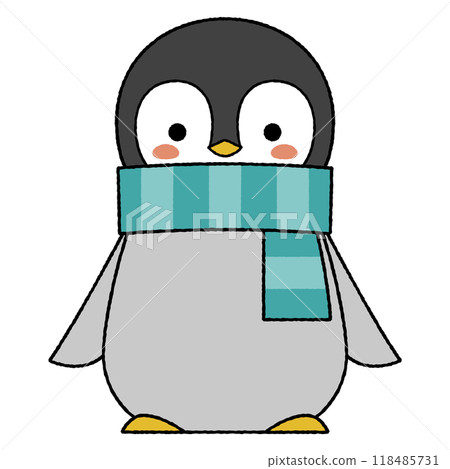 A cute baby emperor penguin wearing a blue striped scarf 118485731