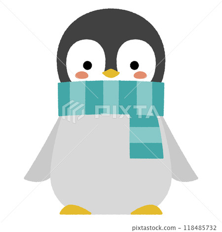 A cute baby emperor penguin wearing a blue striped scarf 118485732
