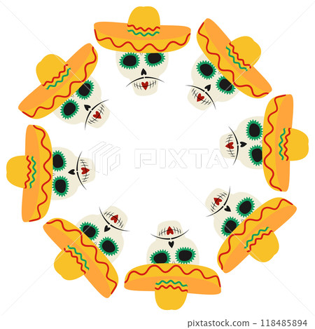 Sugar scull with mustache and sombrero Round Frame border. Greeting or lettering concept. Copy space 118485894