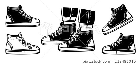 Sneakers shoes, gumshoes footwear, sport athletic running boot, fashion casual walking foot clothing with lace icon set. Man woman outdoor legs wear. Textile footgear for gym, fitness training vector Sneakers shoes, gumshoes footwear, sport athletic running boot, fashion casual walking foot clothing with lace icon set. Man woman outdoor legs wear. Textile footgear for gym, fitness training vector 118486019
