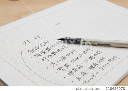 Writing down the types of internal medicine by hand on manuscript paper 118486078