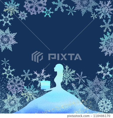 一個女孩收到聖誕禮物和雪花的奇妙框架。 118486170