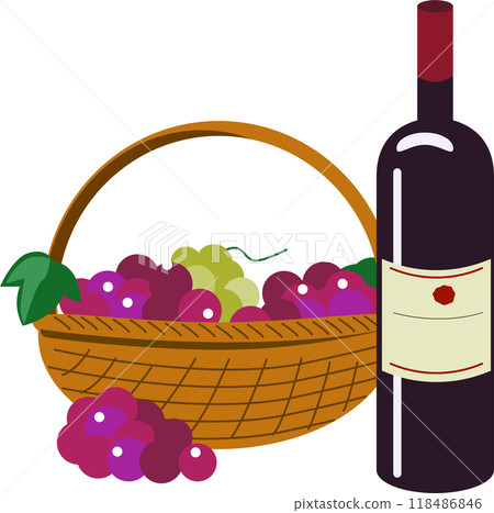 Illustration of grapes and wine in a basket 118486846