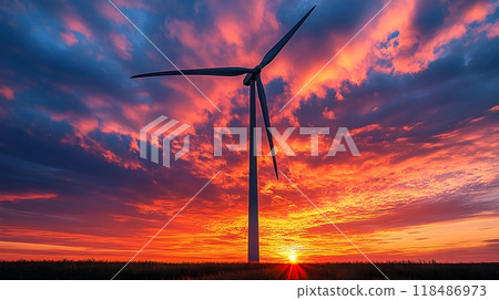 Gracefully rotating wind turbine silhouetted against a dramatic colorful sunset sky with clouds Renewable energy clean power and environmental sustainability concept 118486973
