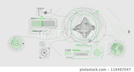 Futuristic geoscience software screen design with data decoding. Futuristic geoscience software screen design with data decoding. 118487047