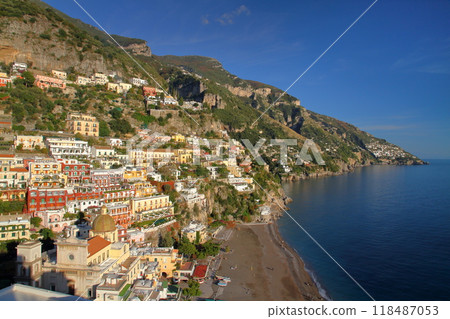Positano, a city on the Amalfi Coast, a World Heritage Site facing the Tyrrhenian Sea, in the Province of Salerno, Campania, Republic of Italy, Southern Europe Positano, a city on the Amalfi Coast, a World Heritage Site facing the Tyrrhenian Sea, in the Province of Salerno, Campania, Republic of Italy, Southern Europe 118487053