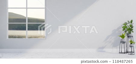 An empty white room features a window with a view, indoor plants, and an open space on a white wall. An empty white room features a window with a view, indoor plants, and an open space on a white wall. 118487265