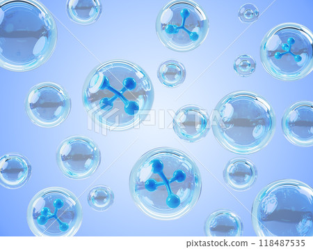 3d blue background with collagen cell pattern, skin care concept. Abstract texture of water molecules, hyaluronic acid or moisture essence bubbles, oil drops, liquid cosmetic product. 3D illustration 3d blue background with collagen cell pattern, skin care concept. Abstract texture of water molecules, hyaluronic acid or moisture essence bubbles, oil drops, liquid cosmetic product. 3D illustration 118487535
