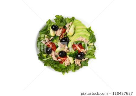 PNG salad with tuna in a ceramic plate, isolated on white background. 118487657