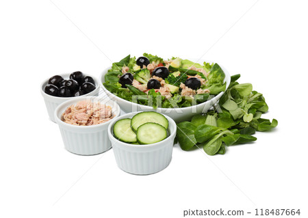 PNG, ingredients for tuna salad, isolated on white background. PNG, ingredients for tuna salad, isolated on white background. 118487664