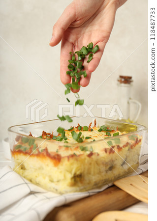 Concept of tasty and delicious homemade food - potato casserole 118487733