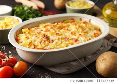 Concept of tasty and delicious homemade food - potato casserole 118487736