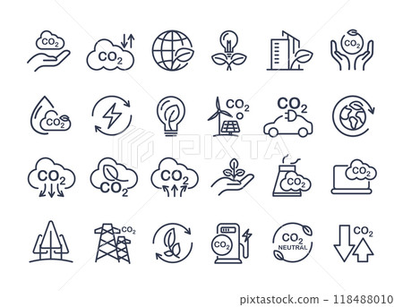Co2, carbon line icons. contains such icons as tree planting, net zero, and reduced carbon dioxide. sustainable development. concepts and renewable energy businesses. vector design. 118488010
