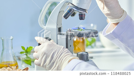 Template photo showcasing a fresh herb branch placed under a microscope and observed by a researcher, surrounded by transparent glass laboratory equipment containing other herbs. Template photo showcasing a fresh herb branch placed under a microscope and observed by a researcher, surrounded by transparent glass laboratory equipment containing other herbs. 118488025