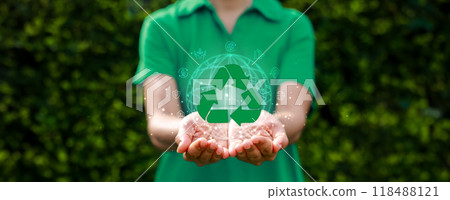 Recycling in environmental sustainability, recycling symbol, bins, plastic bottles and reducing carbon emissions, protect the environment, reducing waste, recycling materials. earth day. 118488121