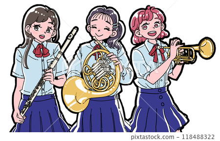 三個微笑的女孩用樂器的插圖 118488322