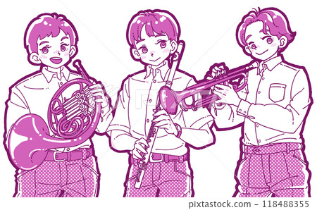三個微笑的男孩拿著樂器的插圖 118488355
