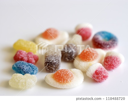 Colorful gummies in various shapes Colorful gummies in various shapes 118488720