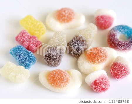 Colorful gummies in various shapes Colorful gummies in various shapes 118488738