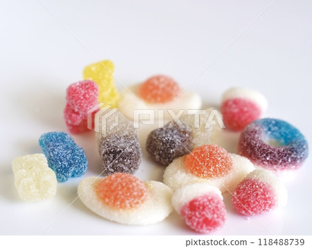 Colorful gummies in various shapes Colorful gummies in various shapes 118488739
