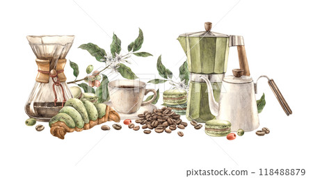 Cup of coffee with pistachio macaroon and croissant, coffee branches and beans. Geyser coffee maker, filter and teapot, watercolor composition template for shops and cafes, packaging and menu 118488879