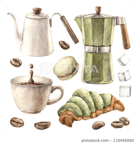 A mug of aromatic coffee, a geyser coffee maker, a teapot, a macaroon, a croissant, pieces of sugar and coffee beans. Watercolor set for decorating coffee shops, bistros, menus, posters, packaging 118488880