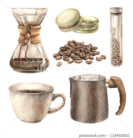 Coffee mug, coffee maker, milk jug with milk, heap of roasted beans, macaroons and flask with coffee. Set of watercolor isolates for design of coffee shops, bistros, menus, posters, packaging 118488881