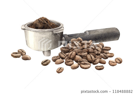 Portafilter, holder with ground coffee and roasted processed beans. Watercolor illustration, hand-drawn on isolated background. For design of shops and cafes, banners, postcards, packaging 118488882