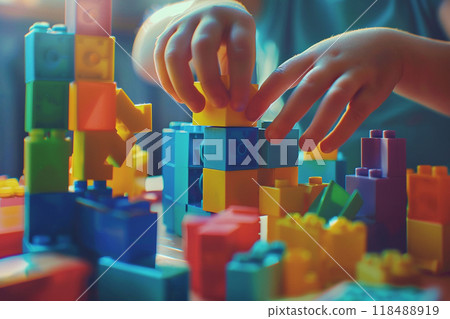 A scene in which only a child's hands are visible, as he puts together toy blocks. The blocks in the foreground add depth to the play world. 118488919