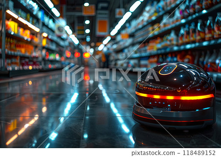 Modern robot for cleaning floors and in the store between the counters 118489152