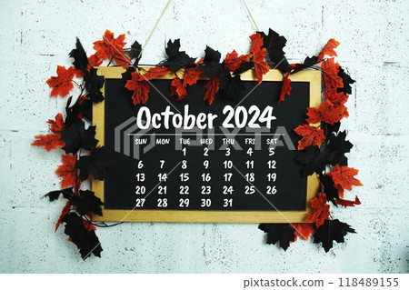 October 2024 monthly calendar with maple leaf decoration October 2024 monthly calendar with maple leaf decoration 118489155