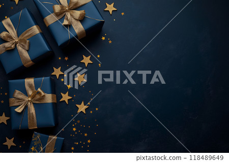 Blue gift box and gold ribbon background 118489649