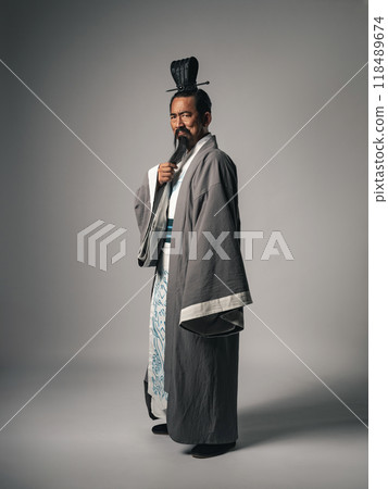 Portrait of a great man from Chinese history, wearing Hanfu and grinning like he appears in the Romance of the Three Kingdoms Portrait of a great man from Chinese history, wearing Hanfu and grinning like he appears in the Romance of the Three Kingdoms 118489674