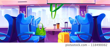 Train compartment interior with passenger seats 118490082