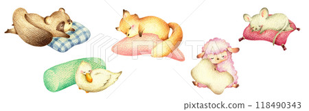 Set 2 of animals sleeping on pillows Hand-drawn colored pencil drawings 118490343