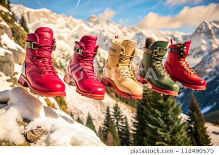 Winter women's hiking boots with mountains in the background 118490570