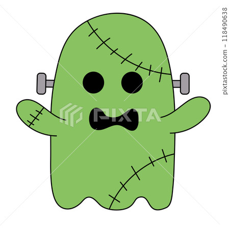 Cute Halloween ghost Frankenstein. Holiday cartoon character on white background. Vector Flat Illustration. Cute Halloween ghost Frankenstein. Holiday cartoon character on white background. Vector Flat Illustration. 118490638