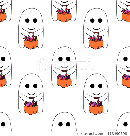 Seamless Pattern with Cute Halloween ghost holding pumpkin with candies. Holidays character background. Vector Flat Illustration. Seamless Pattern with Cute Halloween ghost holding pumpkin with candies. Holidays character background. Vector Flat Illustration. 118490798