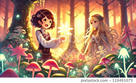 Elf girls find glowing leaves in the magical forest 118491073