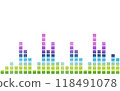 A multi-colored seamless border soundtrack made of pixels in vibration. Music equalizer in rainbow color in 80s, 90s retro style. Watercolor illustration isolated on white background 118491078