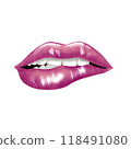 Pink sexy woman lips with lipgloss for fashion beauty biting lower lip with teeth in retro comic book style. Hand drawn watercolor clipart as a symbol of the 80s and 90s for stickers and prints 118491080