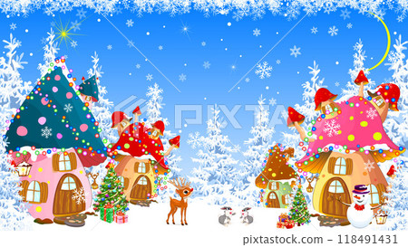 Mushroom houses on Christmas night Mushroom houses on Christmas night 118491431