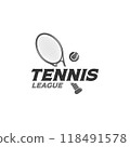 flat tennis racket and ball logo template elements. Vintage tennis equipment vector illustration design 118491578