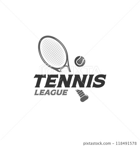 flat tennis racket and ball logo template elements. Vintage tennis equipment vector illustration design flat tennis racket and ball logo template elements. Vintage tennis equipment vector illustration design 118491578
