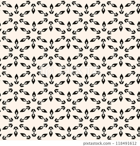 Simple minimalist floral pattern. Minimal seamless texture with small flower shapes. Abstract black and white geometric background. For print, package 118491612