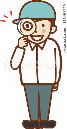 戴著帽子、拿著放大鏡、微笑的男工人。 戴著帽子、拿著放大鏡、微笑的男工人。 118491829