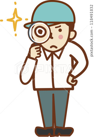A male worker wearing a hat holding a magnifying glass. A male worker wearing a hat holding a magnifying glass. 118491832