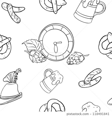 Oktoberfest vector monochrome seamless pattern isolated. Wooden beer barrel and mug, German hat black white linear painted. Hop cones, pretzel, sausages black white contour on repeated texture. 118491841